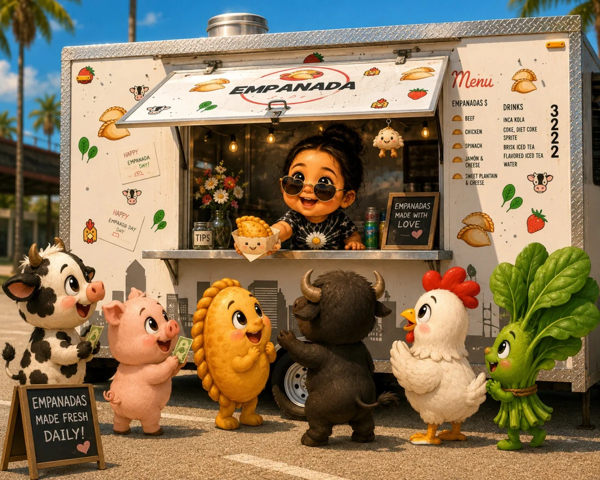 Cartoon Empanada Lady food truck with characters